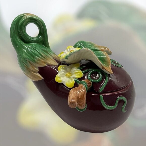 Fitz and Floyd Eggplant Condiment Jar with Lid and Spoon Collectible Serveware - Picture 4 of 16